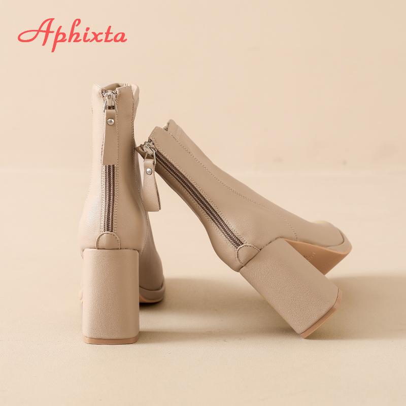 Aphixta Bazk Zipper Dec Women Ankle Boots 8cm High Heels Sexy Stretch Boots Elegant Sewing Short Plush Warm Winter Woman Shoes