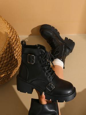 Модные женские ботильоны Модные ботинки на шнуровке для женщин Удобные роскошные ботинки с ремешком и пряжкой Женские однотонные ботинки до середины икры на массивном каблуке