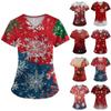 Women's Short Sleeve Christmas Printed V-Neck Pocket Uniform Top