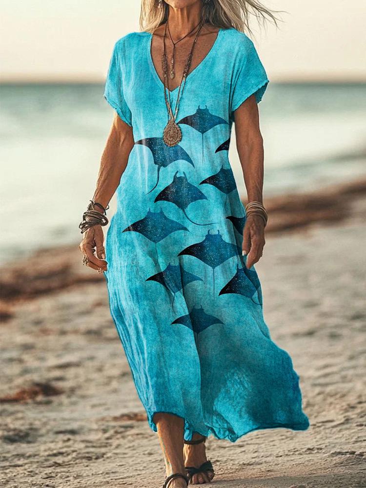 Bohemian Retro Print Raglan Sleeve Summer Maxi Dress