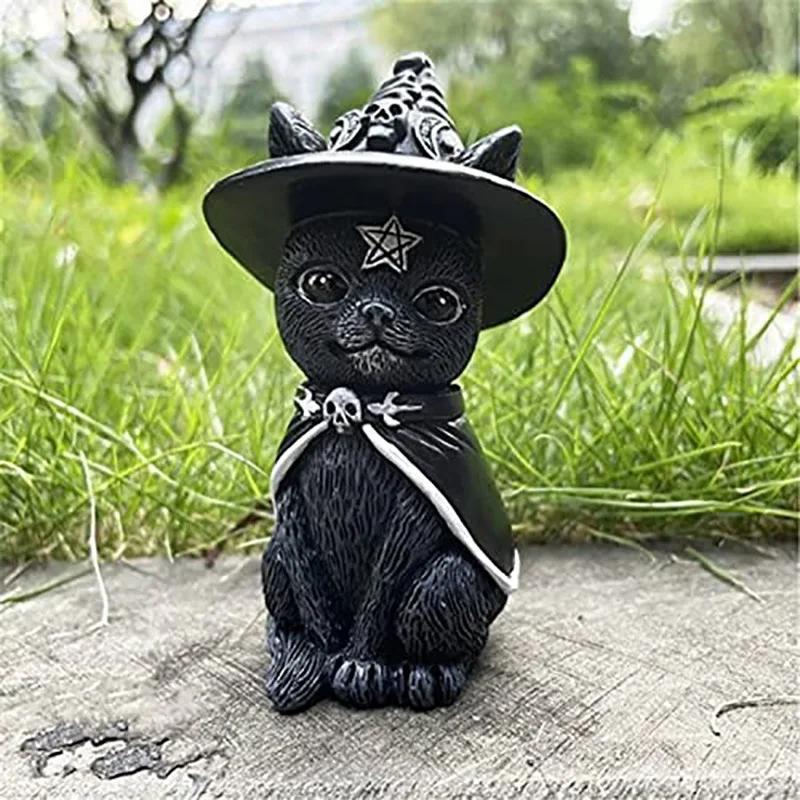 1PC Black Cat Statue Mysterious Cute Cat Witch Cat Figurine Witches Decor Desk Ornament Hand-Painted Sculpture for Halloween