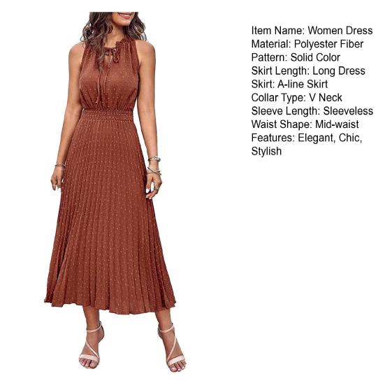 Women's Boho Midi Dress Summer V Neck Tie Strap Sleeveless Pleated Swing Dress Casual Flowy A-Line Beach Sundress