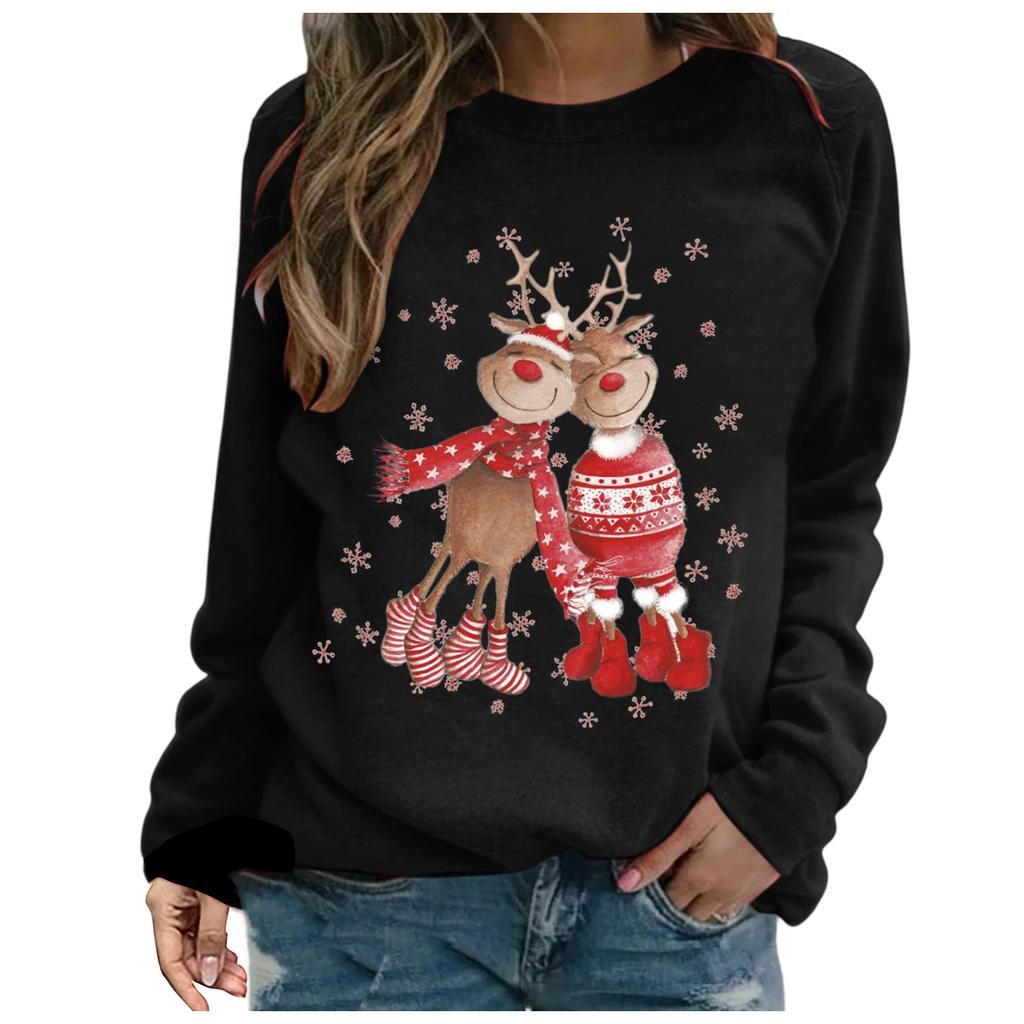 (SM)Женская мода Зимний круглый вырез с длинным рукавом Свободный свитер с рождественским принтом