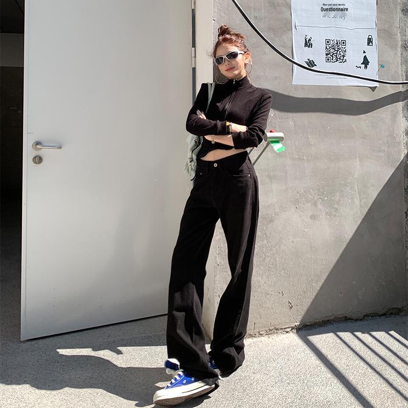 Женские черные джинсы микро-клеш с высокой посадкой 2025 - Осенние стройнящие, свободного кроя, универсальные драпирующиеся брюки в пол