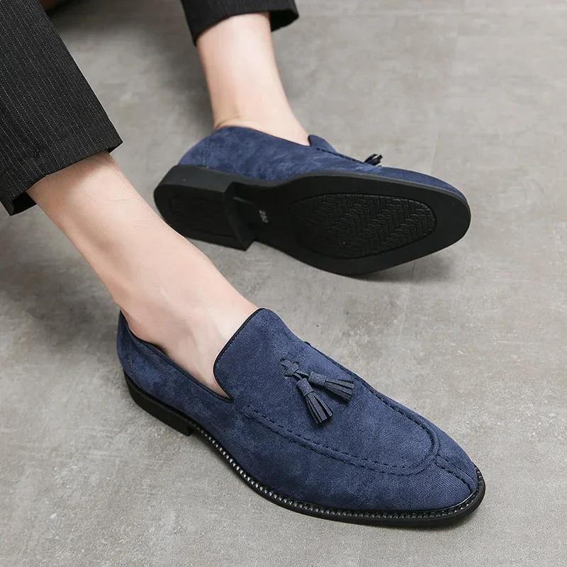 Brand Designer Men Suede Leather Shoes Vintage Purple Tassel Loafers Men Moccasins Casual Flats Slip-On Men's Social Dress Shoes
