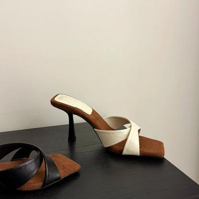 Женские босоножки на высоком каблуке 2025 Новинка, Модная обувь с квадратным носком, Перекрещенные ремешки, Открытый носок, Тонкий каблук, Крутые шлепанцы для женщин