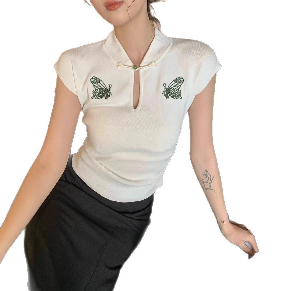 Женская приталенная футболка с ретро-вышивкой китайских бабочек, высоким воротником и короткими рукавами