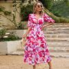 Women Summer Floral Dresses Fashion High Waist Wrapped V Neck Short Sleeve