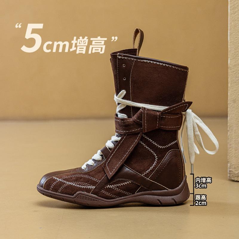 Retro Boxing Boots Women's Spring and Autumn New Maillard Style Outdoor Women's Boots Boots Street Shot Medium Tube Fashion Boots
