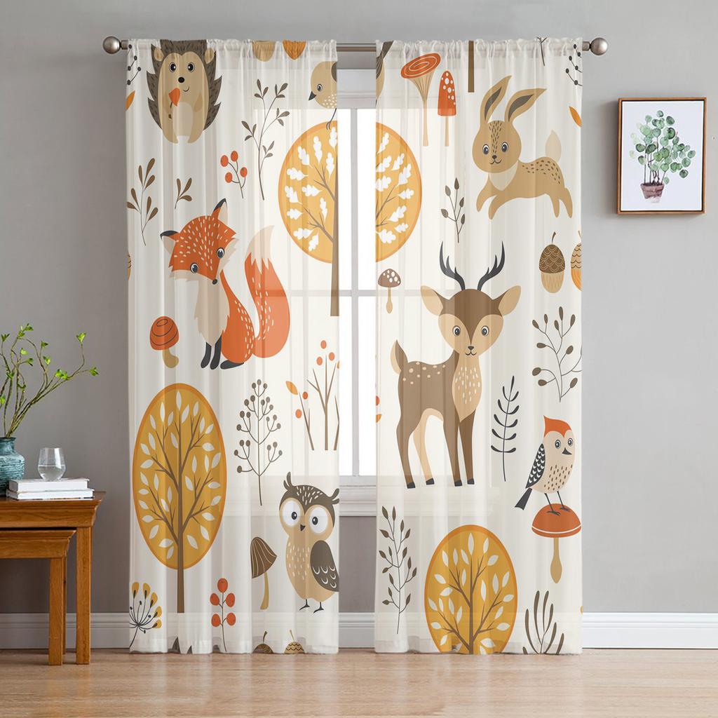 Autumn Forest Cartoon Animal Owl Fox Deer Sheer Curtains for Living Room Decoration Window Curtains Kitchen Tulle Voile Curtains