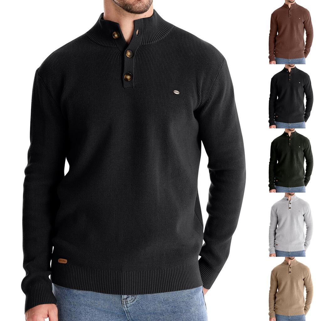 Мужской зимний однотонный свитер с воротником-стойкой и пуговицами, облегающий, с длинным рукавом, повседневный