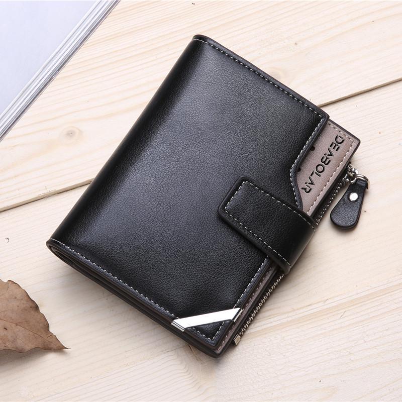 Vintage Men's Zipper Three-fold Leather Wallet Multi Function Button Purse with Multiple Card Slots and A Clear ID Window