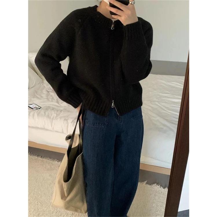 Korean Style Short Solid Color Knitted Sweater for Women New Double Zipper Knitted Cardigan Top