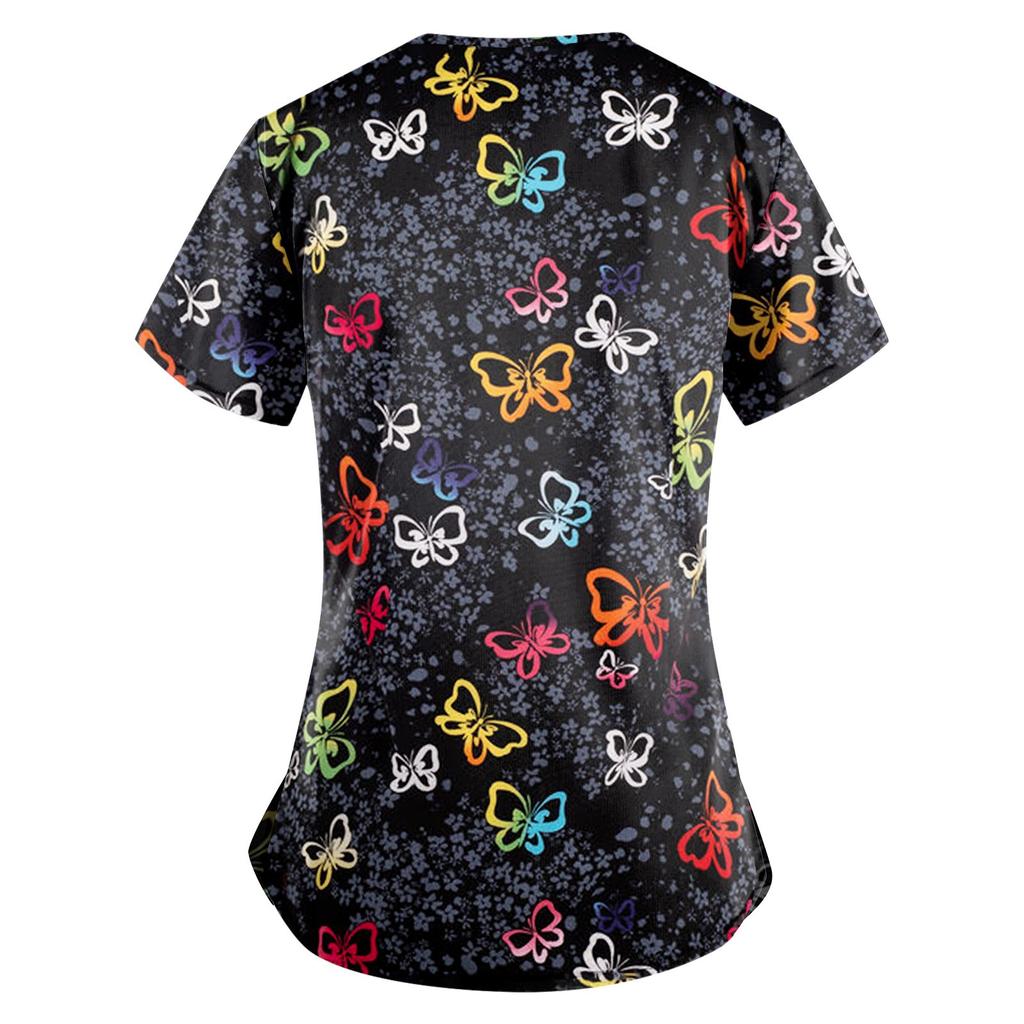 Женская мода с v-образным вырезом, короткими рукавами и карманами, топы с принтом