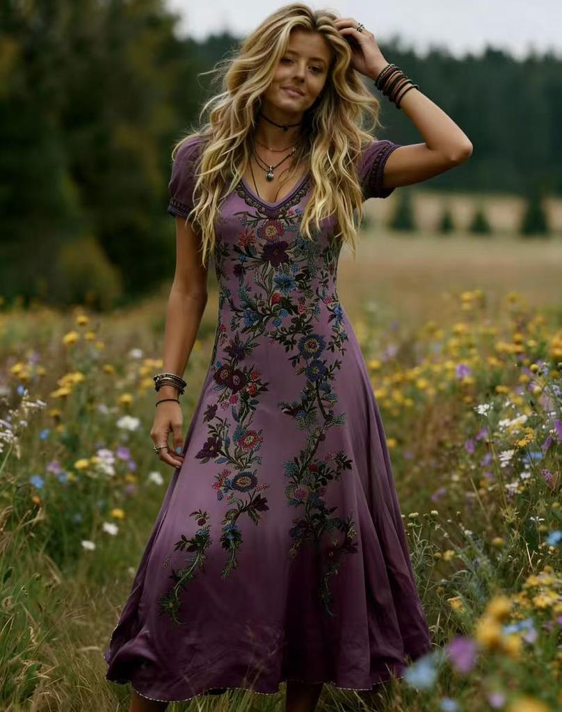 Bohemian V-Neck Floral Gradient Long Dress for Women - 2026 Edition