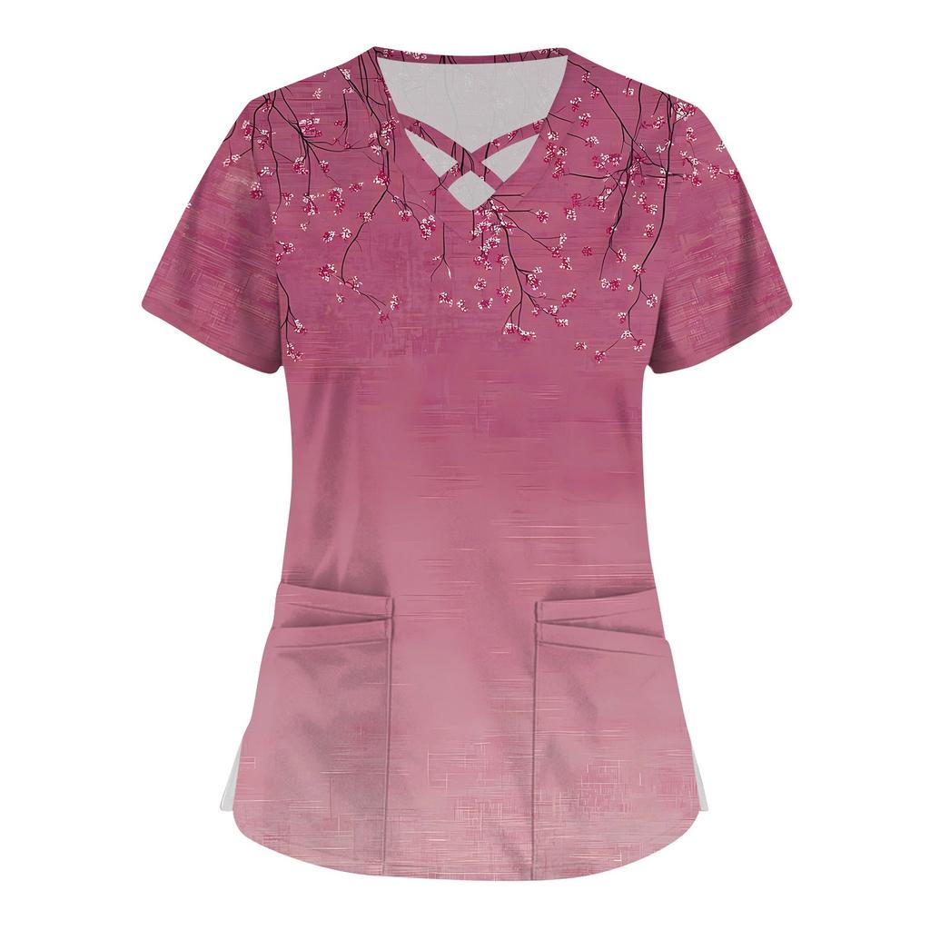 Women's Short Sleeve Stagger V Neck Print Pocket Dry-nurse Top