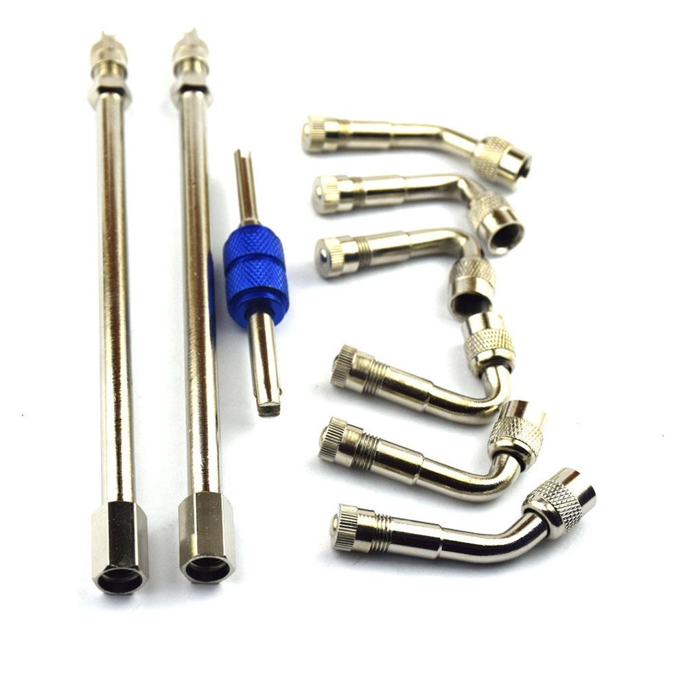 Набор из 9 латунных удлинительных стержней для накачивания шин и металлического переходника для подключения бескамерных вентилей на автомобилях и мотоциклах.