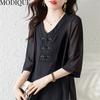 MODIQUE, летние большие размеры, женская хлопково-льняная шифоновая блузка, рубашки, однотонные летние пальто, большие размеры, с v-образным вырезом и половиной рукавов, на пуговицах
