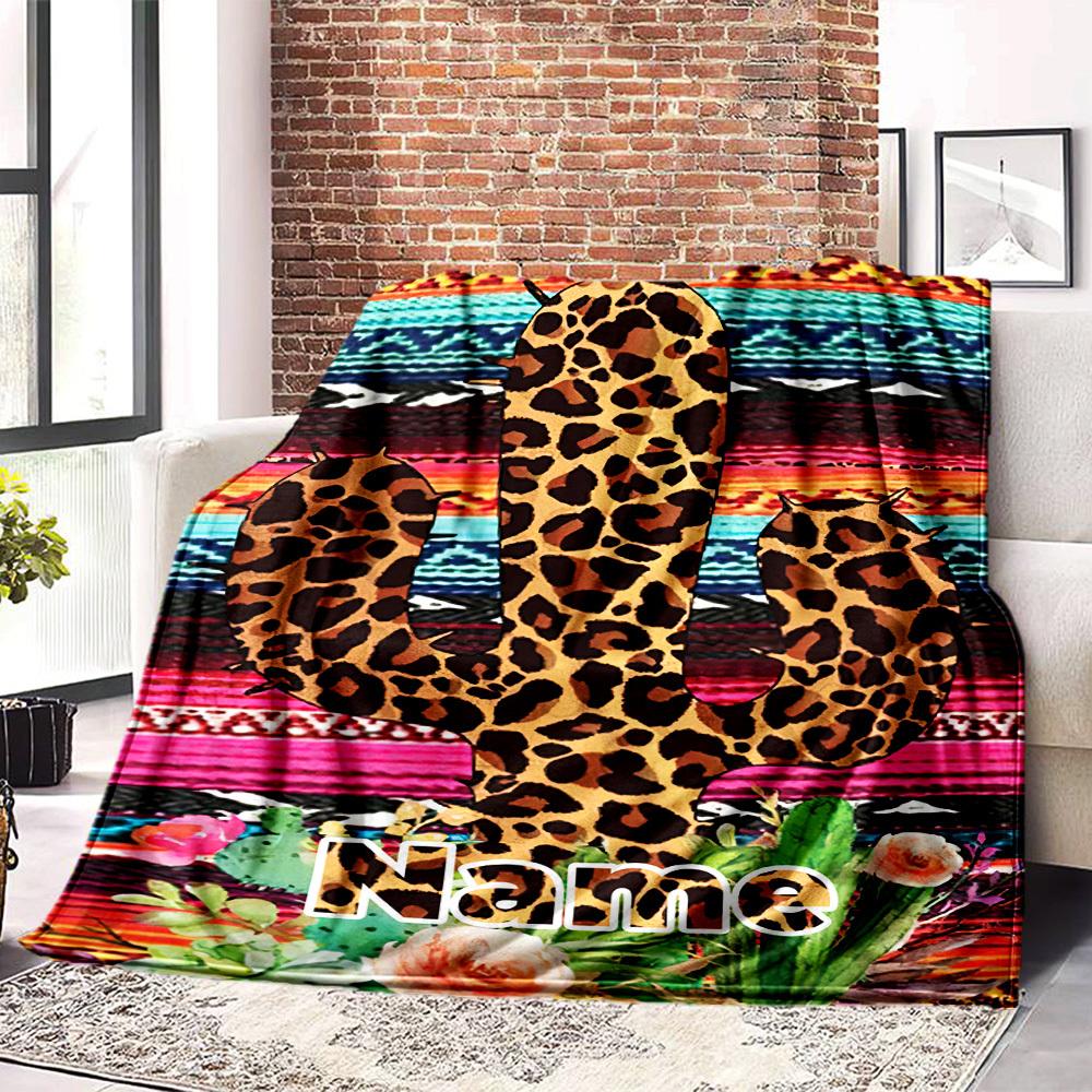 Leopard Print Cactus Custom Name Blanket Comfortable Soft Lightweight Allseason Multipurpose Blanket For Picnics Couches Offices Beds Living Rooms