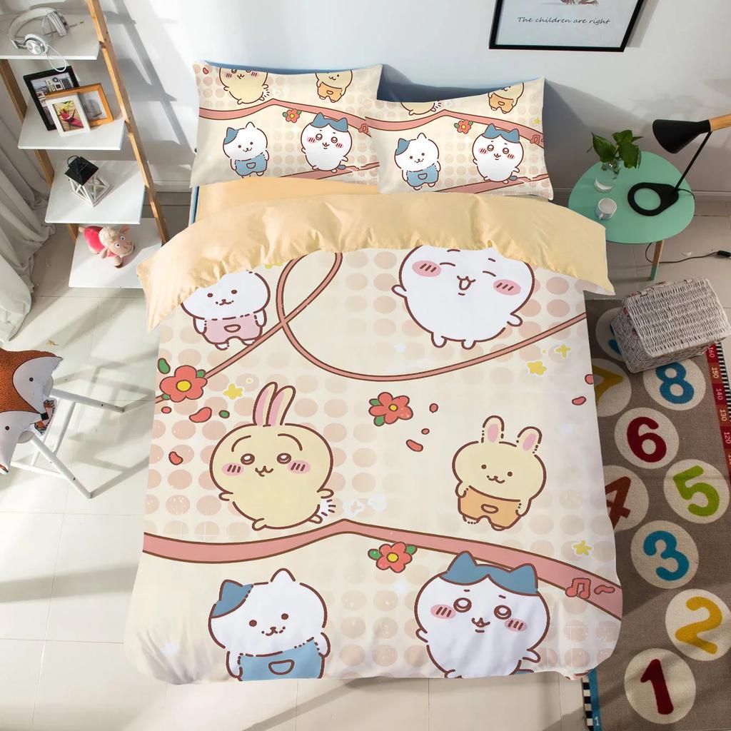 Мультяшный комплект постельного белья с милыми Чиикавами, красочный принт, полиэстер, для студенческого общежития, простыня, пододеяльник, детский подарок, домашний текстиль