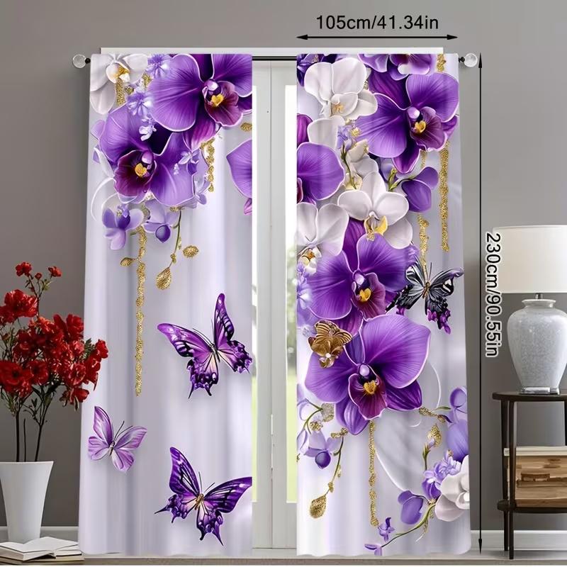 2 Pcs Butterfly orchid print curtains,suitable for bedroom,living room kitchen decoration,home decoration,window decoration