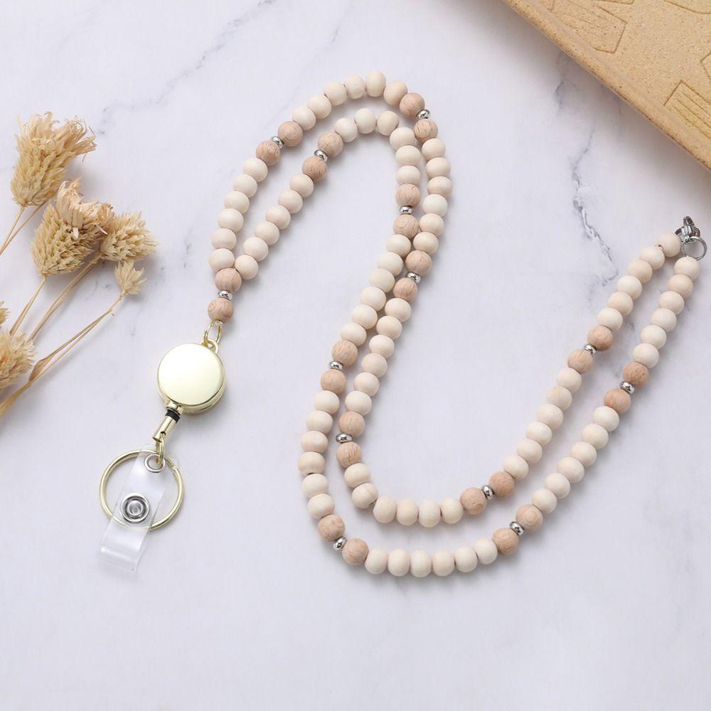 Выдвижной держатель для бейджа на шнурке, застежка из нержавеющей стали, бусина из натурального дерева, бохо-брелок-ожерелье с 2 держателями для карт