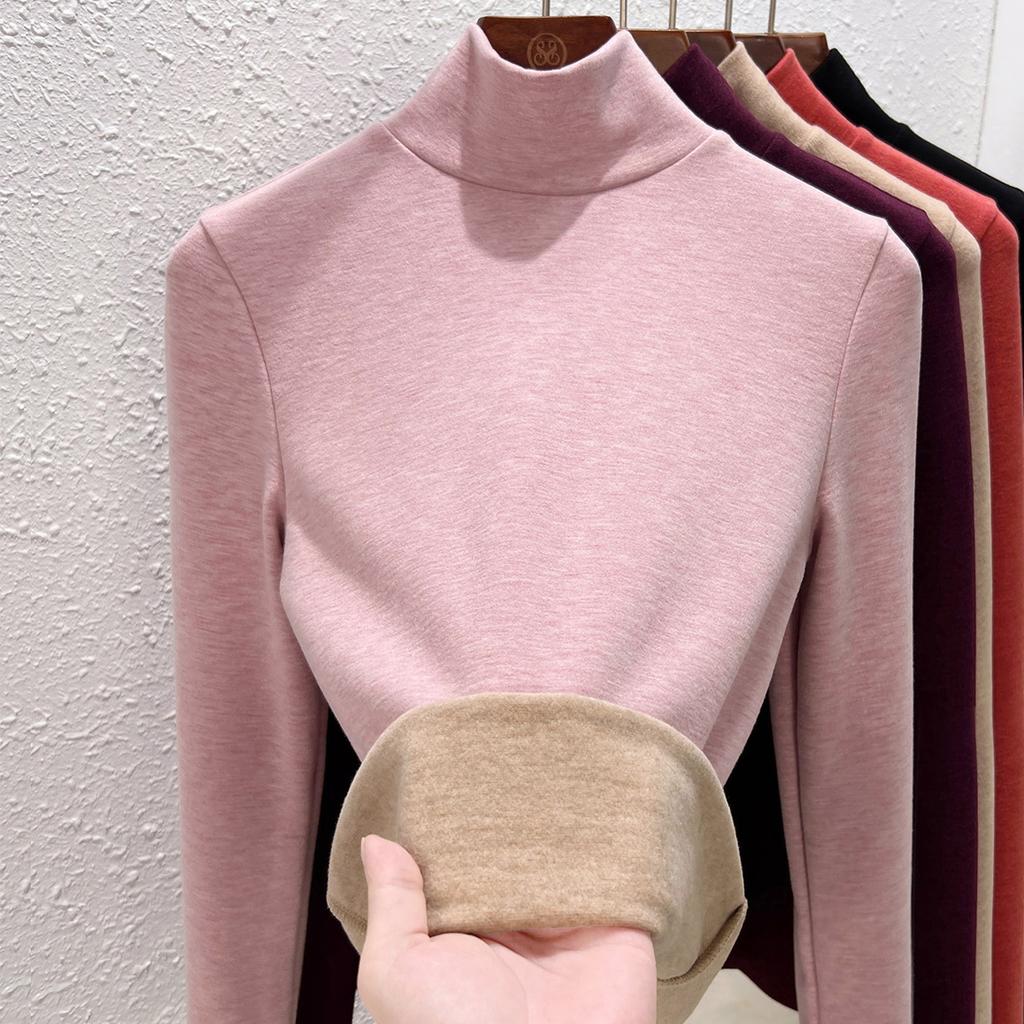 Autumn and Winter Women's Clothing Containing Wool and Silk Bottoming Shirt Women's Inner Heating Fleece Warm Turtleneck Top with Fleece and Thicker