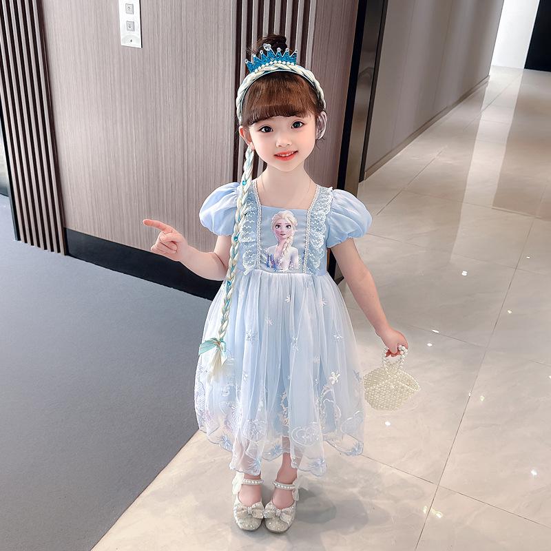 "Stylish Short-Sleeved Elsa Princess Dress for Girls: Trendy Summer Puffy Skirt"