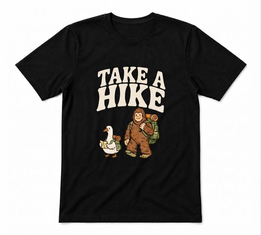 Take A Hike Goose And Bigfoot Hiking Outdoor Graphic Tee Black T-shirt