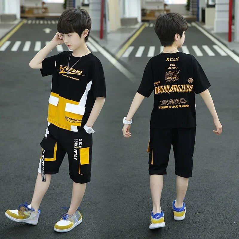 Boy Summer Clothing Sets  Fashion O-Neck Patchwork Multiple Pockets Casua 2 Pieces Teenager Clothes Outfits