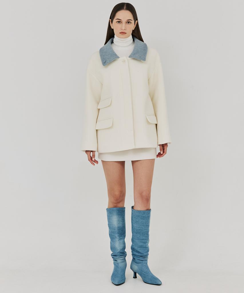Thefrht Herringbone High-Neck Half Coat (Ivory)