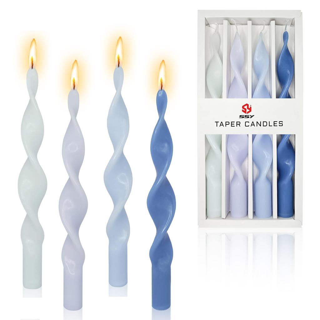 4Pcs Spiral Taper Candle Twisted Candlesticks Blue Gradient Handmade Long for Home Décor Wedding Festive Holiday
