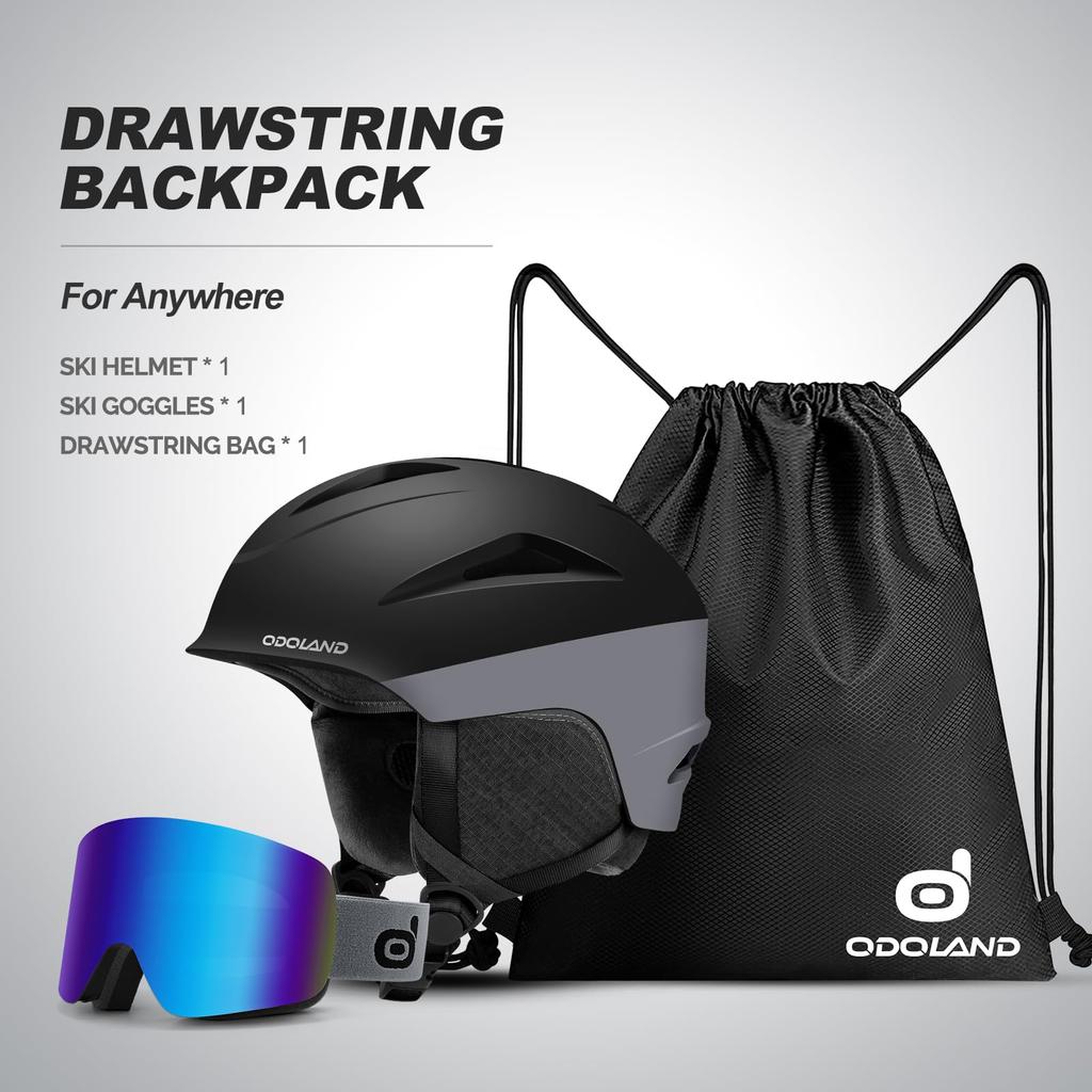Odoland Ski Helmet Snow Goggle Dial Size Snowboard Compatible with Flat UV For Black L + Set, Adjustment, Helmet, Glasses, Lens, Windproof, Anti-Fog,