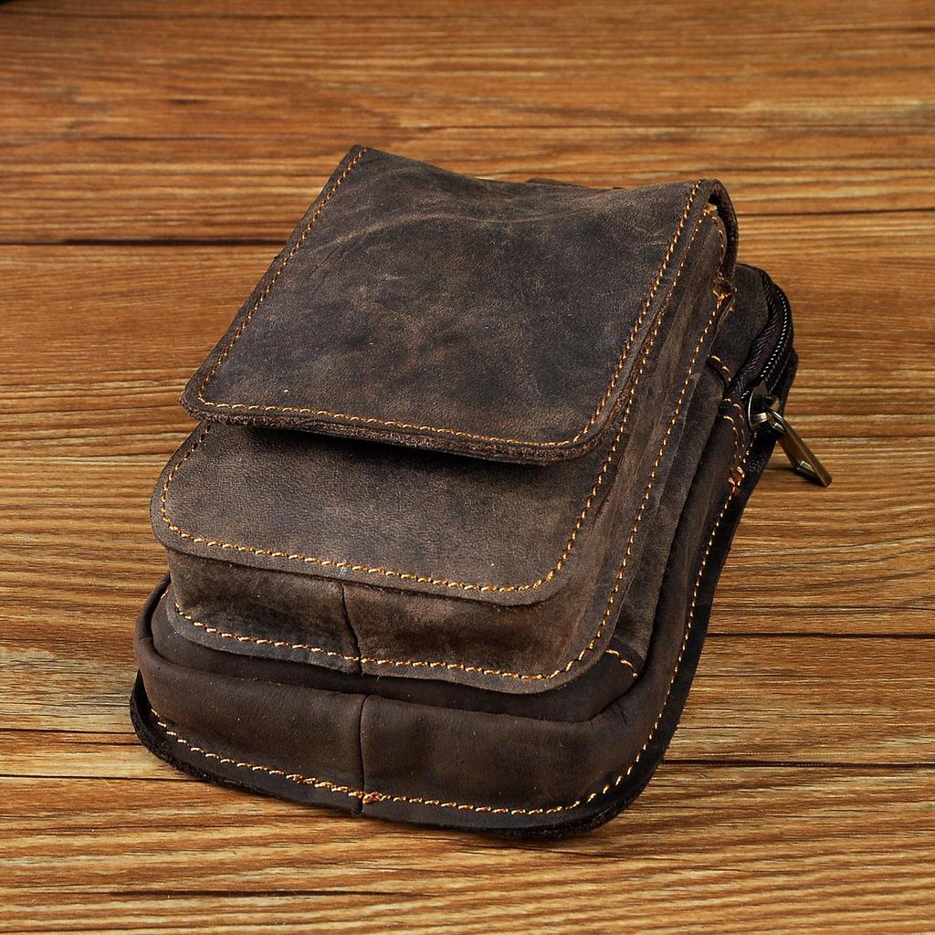 Real Leather Men Casual Design Small Waist Bag Cowhide Fashion Hook Bum Bag Waist Belt Pack 6" Phone Pouch