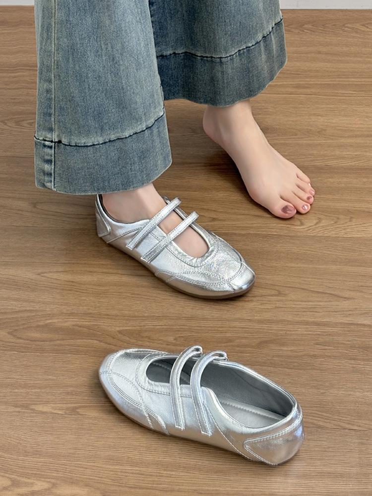 Туфли Мэри Джейн из коровьей кожи с плоской подошвой серебристого цвета, женские балетки из натуральной кожи в стиле ретро на липучках, повседневные спортивные туфли для тренировок