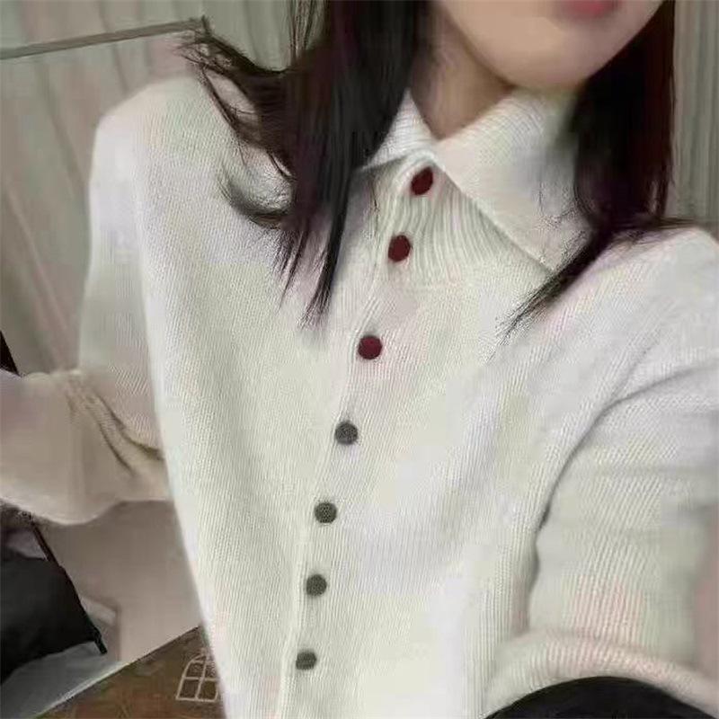 Women's Dark Grey Knit Wool Lapel Sweater - Autumn/Winter 2025 Collection
