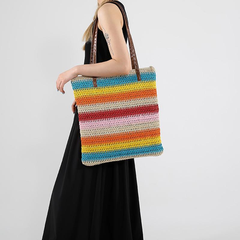 Women Fashion Striped Summer Beach Straw Knitting Shoulder Bag Handwoven Handbags Portable Large Capacity Casual Tote CLE