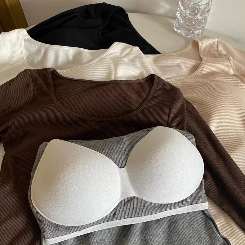 Футболка в корейском стиле облегающего кроя с квадратным вырезом из матового вельвета с нагрудными вкладышами для осени и зимы