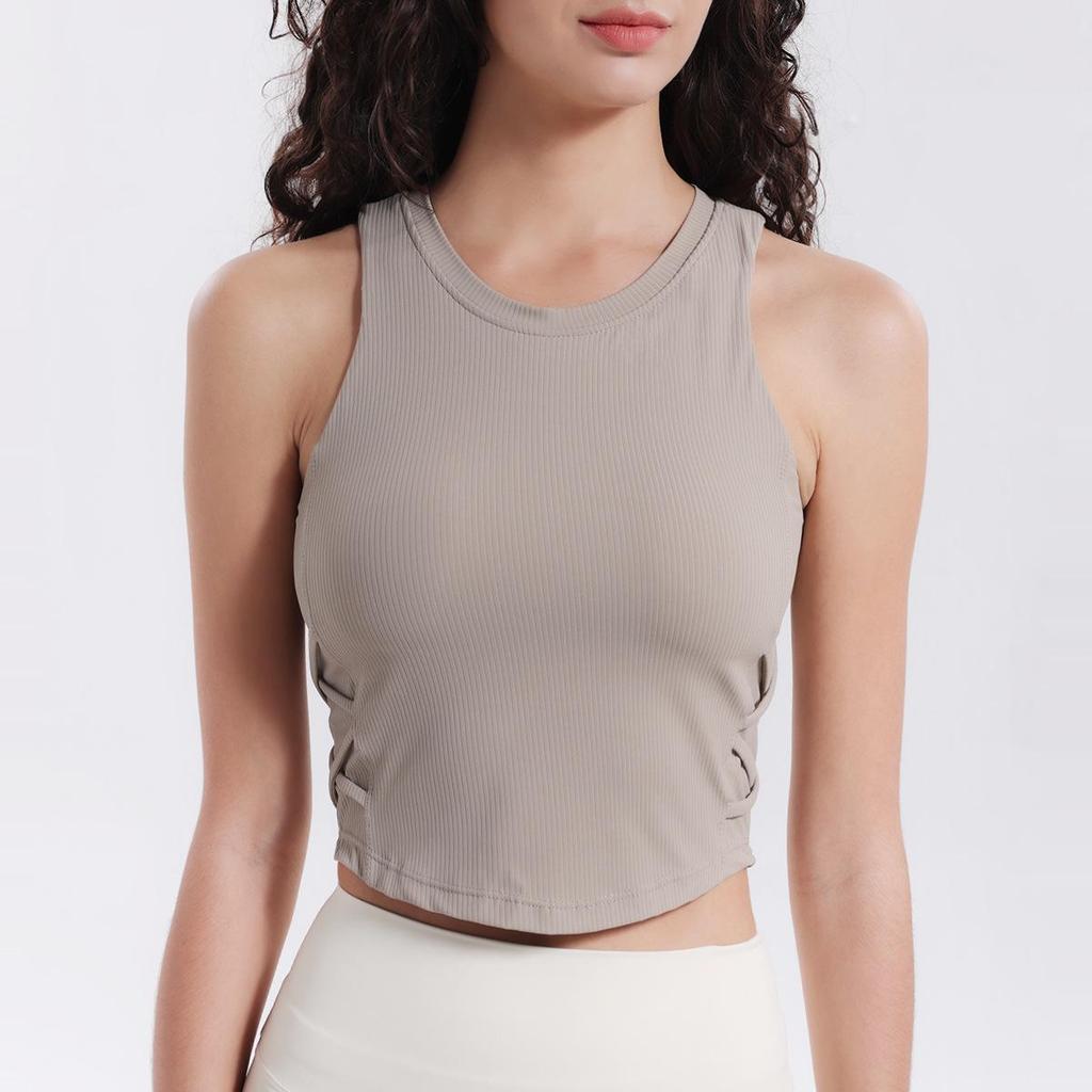 Autumn 2024 Lulu Yoga Vest with Side Waist Crisscross, High Elasticity, Moisture-Wicking, and Padded Sports Bra.