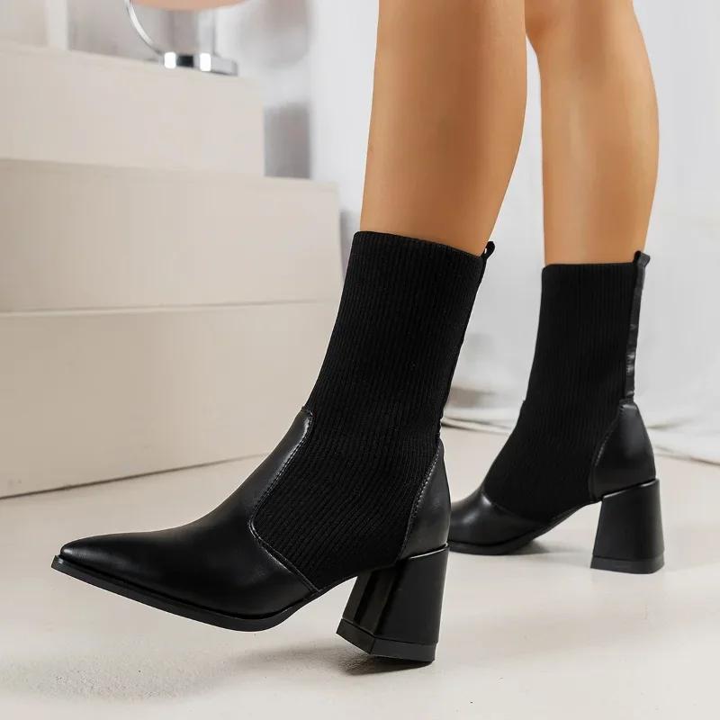 Осенне-зимние ретро-ботинки-носки, женские туфли, вязаные кожаные ботинки в стиле пэктворк с острым носком и толстым высоким каблуком, ботильоны 35-42