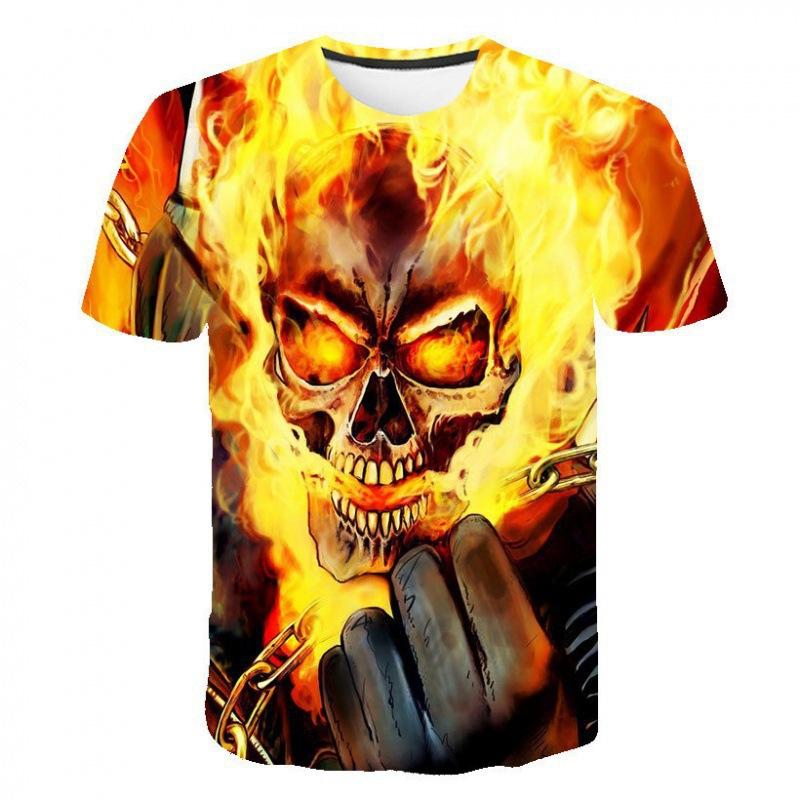 Evil Knight Skull Printed Short Sleeved T-shirt with Flame Pattern Skull Personalized Clothes for Men