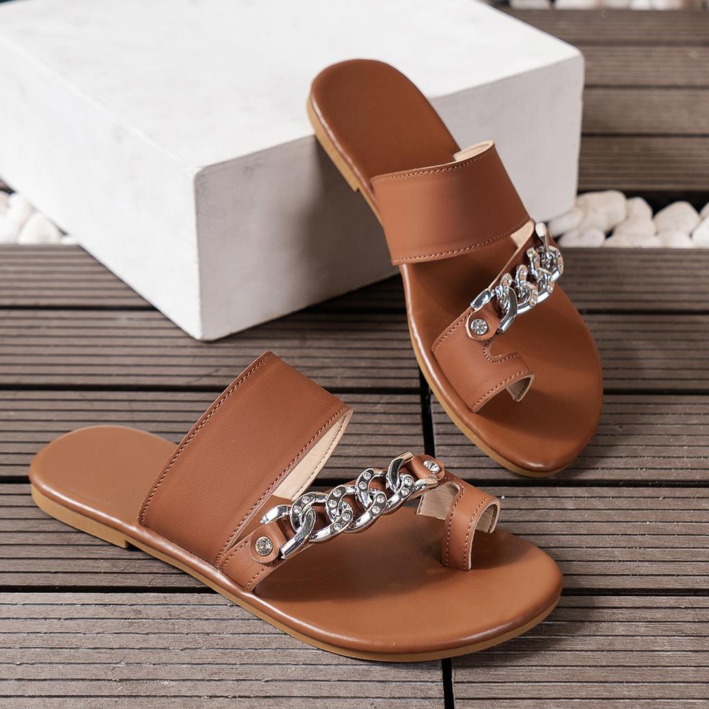 Large Size Flat Women's Sandals Summer New Popular Set Toe Line with Chain Decorative Beach Slippers 36-43