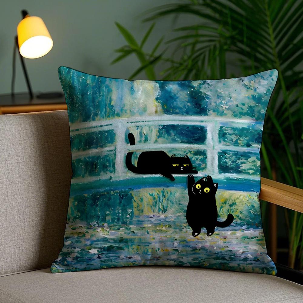 Cute Black Cat Oil Painting Cushion Cover Plush Fabric DoubleSided Printed Invisible Zipper Sofa Pillow Case Home Bedroom Decor