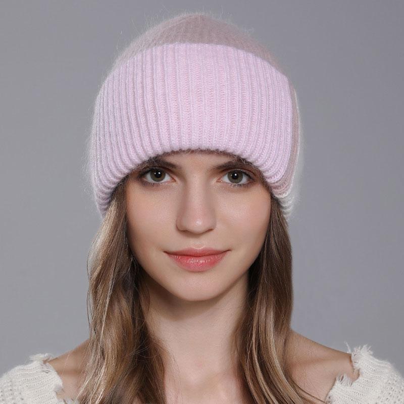 CNTANG 2024 New Fashion Color Splicing Knitted Women's Hats Warmth Angora Rabbit Fur Hat Winter Beanie for Lady Adult Female Cap