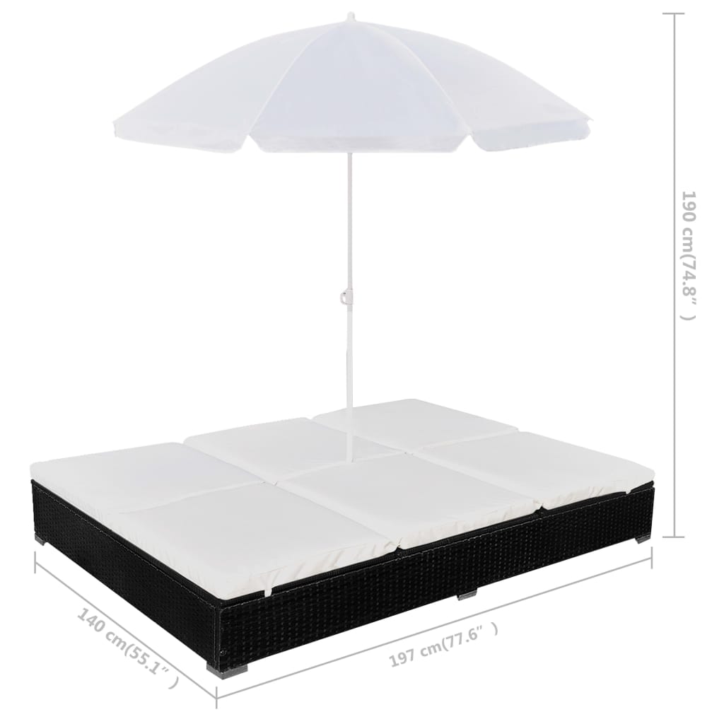 Outdoor Lounge Bed with Sun Umbrella Poly Rattan Black