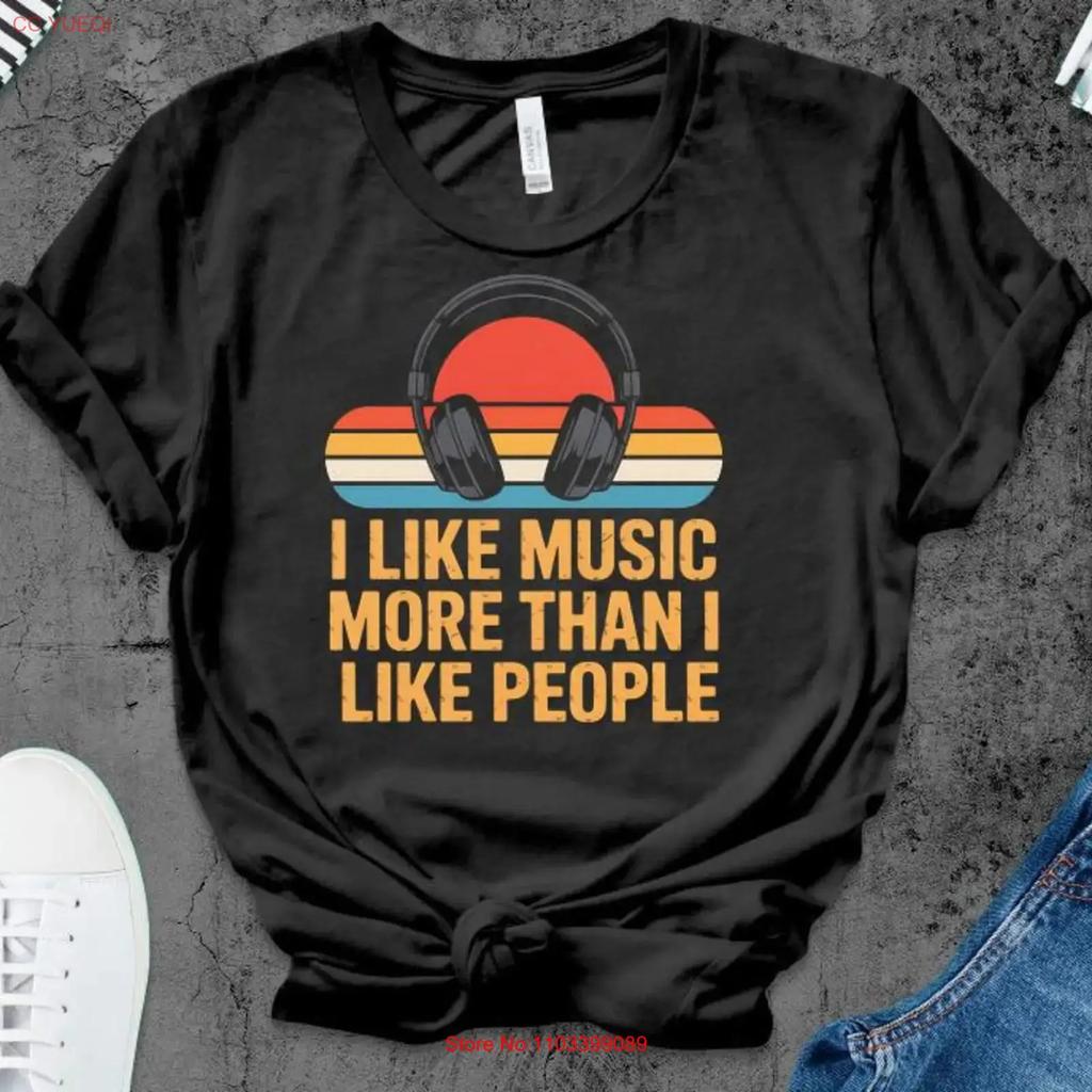 Music Lover T Shirt Headphones Introvert Funny I Like More Than People Retro Stripes Design Vintage Unisex Stretched