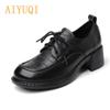 Women Shoes Loafers Genuine Leather Spring Lace-up Mid Heels Shoes Women British Style Large Size Women Shoes