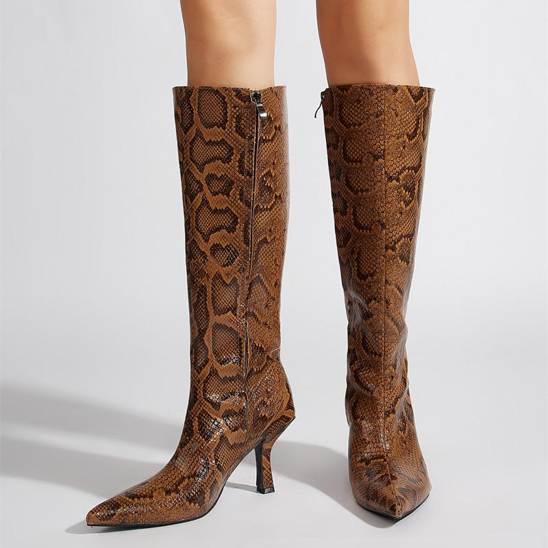 Fashion 2025 Autumn Winter Snake Pattern Patent Leather Women Knee-high Boots Elegant Pointed Toe High Heels Fashion Party Boots Shoes