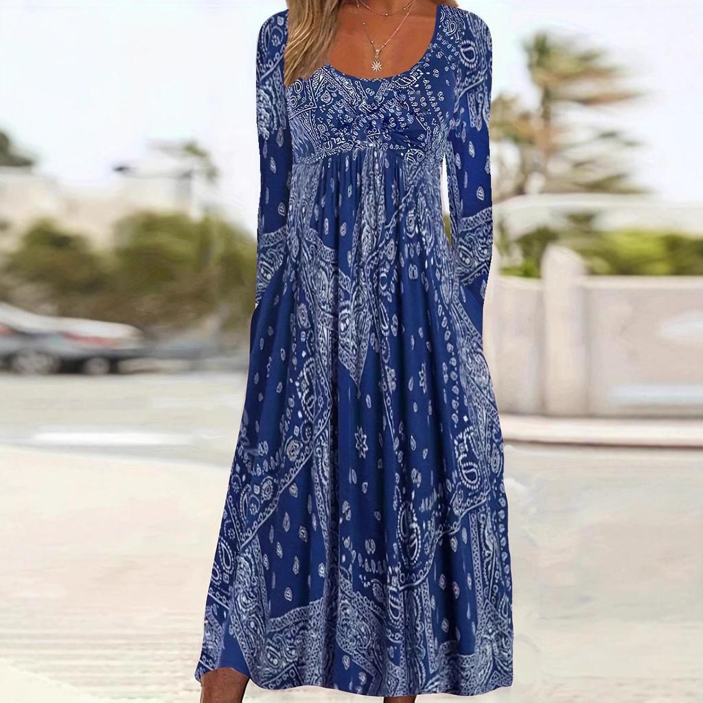 2025 Трансграничное европейско-американское осеннее цветочное платье макси с длинным рукавом