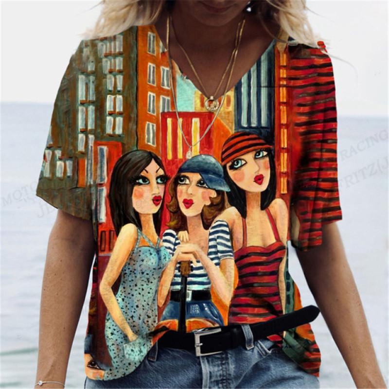 Harajuka абстрактные крутые футболки с принтом в стиле ретро, ​​женские универсальный пуловер с коротким рукавом, летние дизайнерские повседневные женские футболки с v-образным вырезом